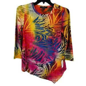 Calessa Tie Dye Burnout 3/4 Sleeve Asymmetric Hem Tunic Shirt Size Small